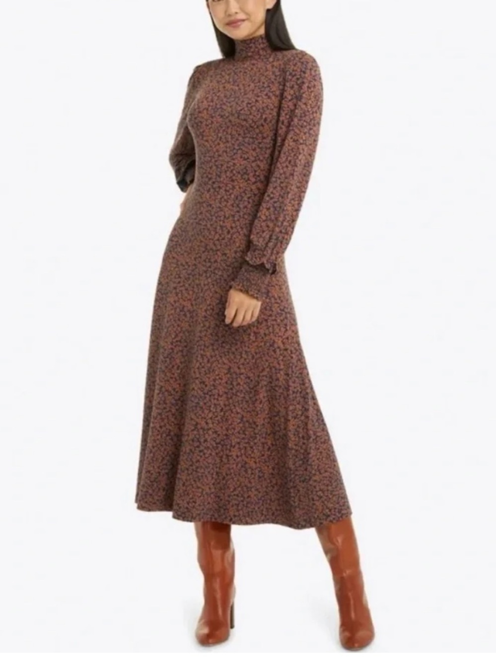 Draper James Turtleneck Midi Dress Long Sleeve Lightweight Orange & Navy Large